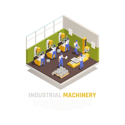 Industrial machinery isometric concept with factory manufacturing symbols  vector illustration