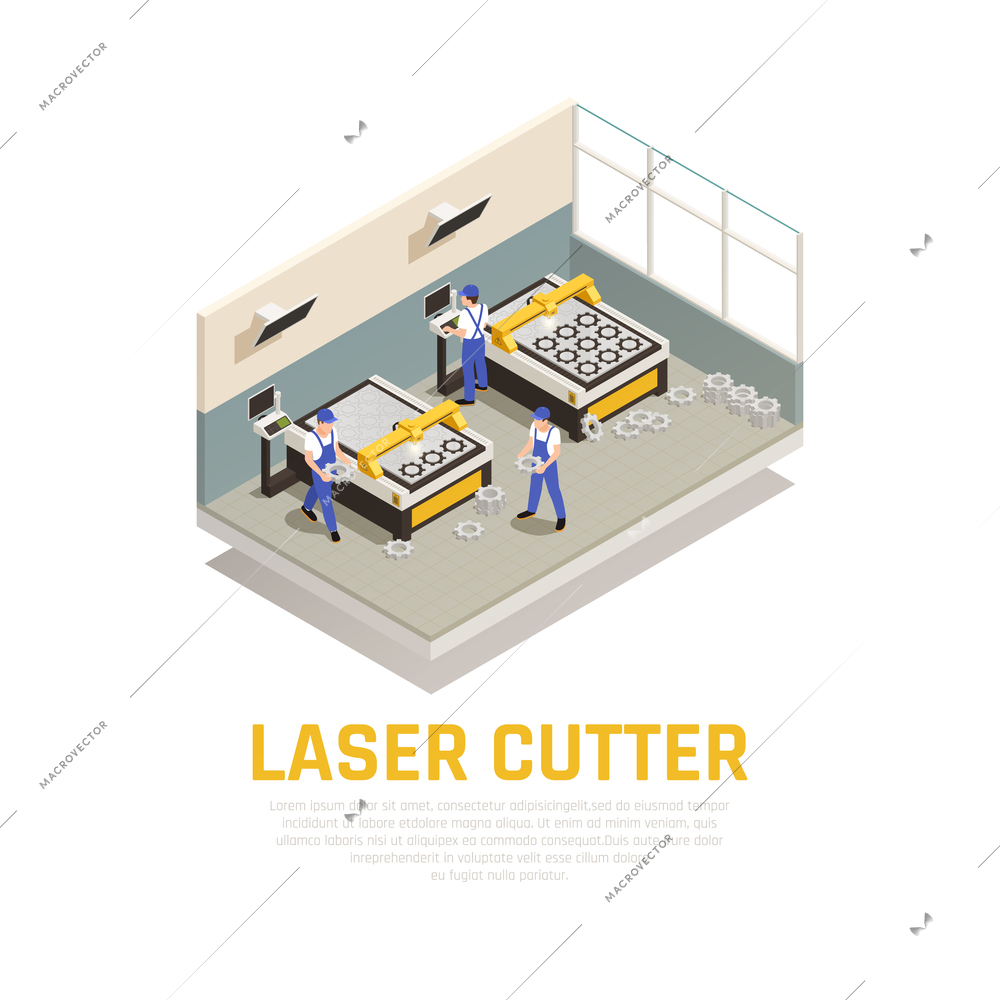 Industrial machinery composition with laser cutter symbols isometric vector illustration