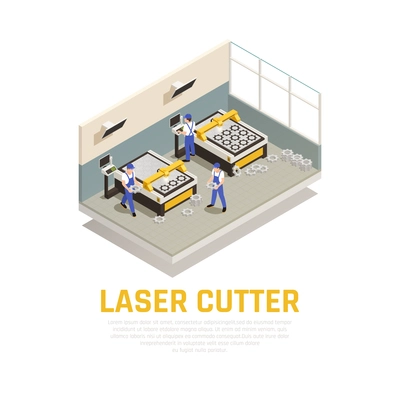 Industrial machinery composition with laser cutter symbols isometric vector illustration