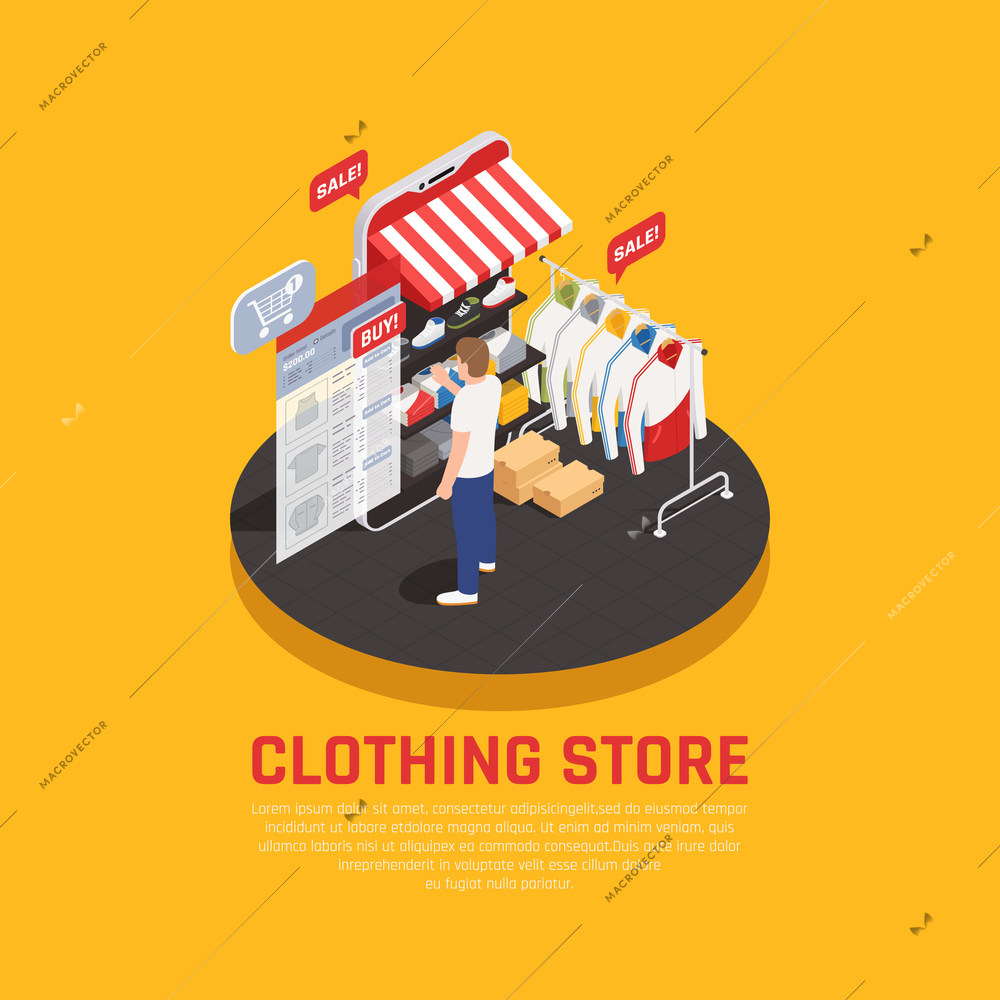 Mobile shopping concept with clothing store symbols isometric vector illustration