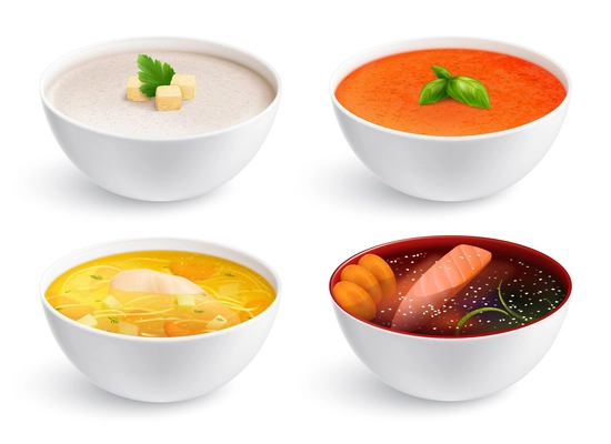 Bowls full of chicken noodle soup gazpacho fish soup and soup puree with crouton  realistic set isolated vector illustration