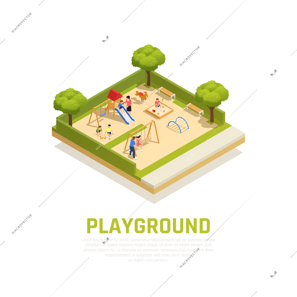 Playground isometric concept with outdoor family pastime symbols vector illustration