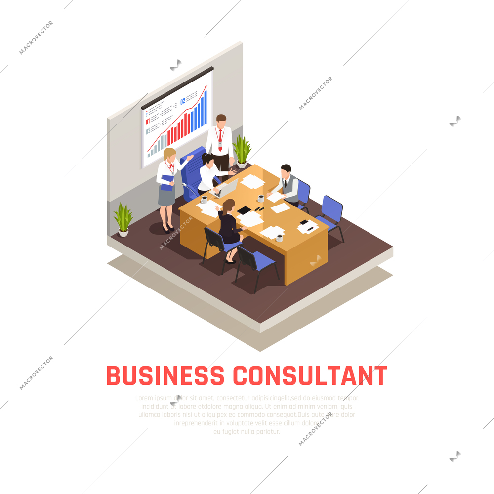 Business consultant isometric concept with lecture and presentation symbols  vector illustration