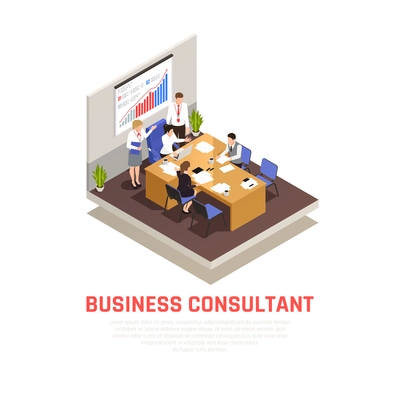 Business consultant isometric concept with lecture and presentation symbols  vector illustration