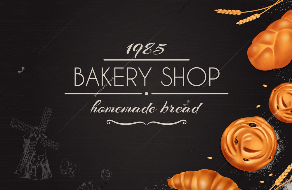 Stylish bread bakery realistic composition with bakery shop homemade bread headline on black background vector illustration