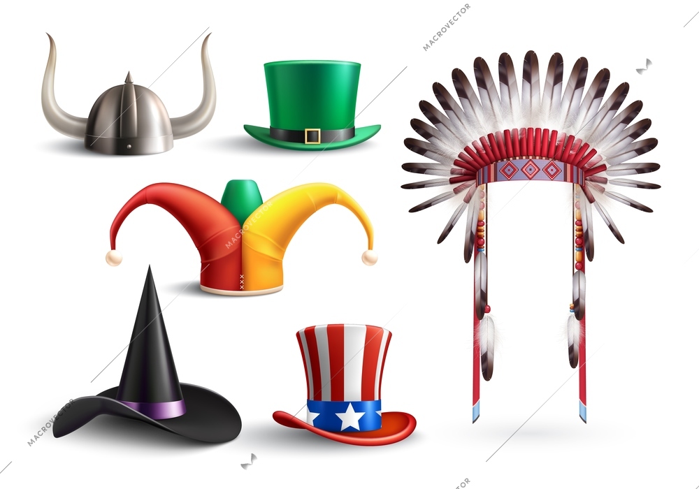 Colored set of traditional hats for national holidays and masquerade on white background realistic vector illustration