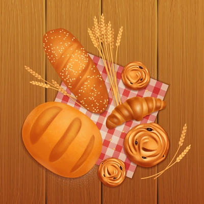 Colored realistic bread bakery composition with croissant bread and buns on wooden table vector illustration