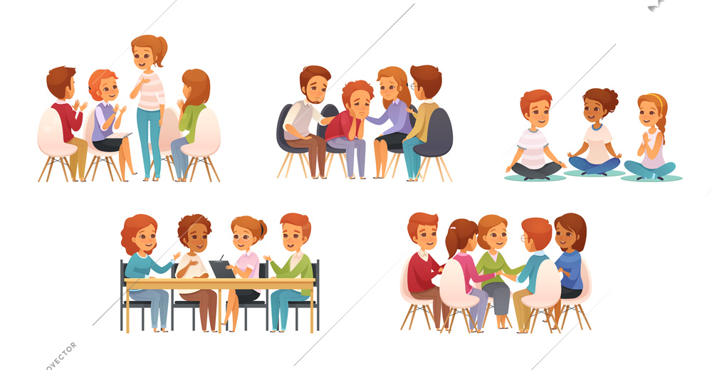 Group therapy cartoon icon set with group of three or four children vector illustration