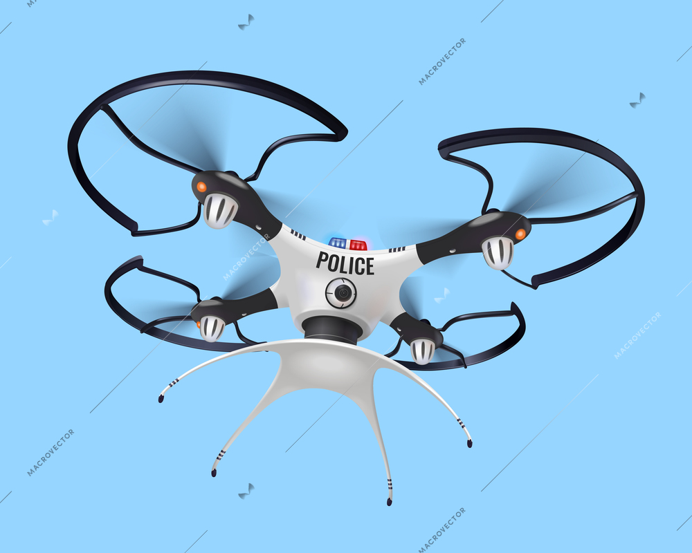 Isolated police drone realistic composition with police mark on his front side vector illustration