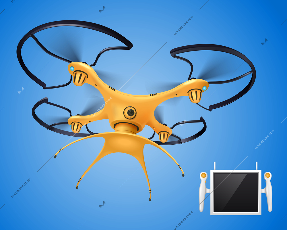 Yellow drone with remote control realistic composition electronic object for different needs blogger company government or players vector illustration