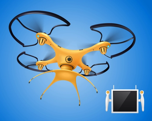 Yellow drone with remote control realistic composition electronic object for different needs blogger company government or players vector illustration