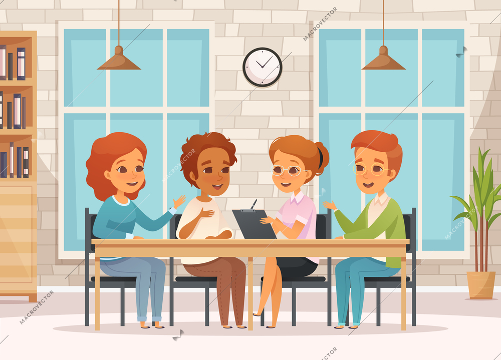 Colored cartoon group therapy composition with teenagers on psychology meetings in classroom vector illustration