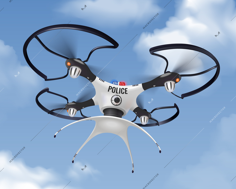 Police drone realistic in sky composition for security and protection of population in the city vector illustration