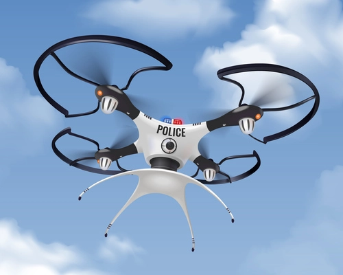 Police drone realistic in sky composition for security and protection of population in the city vector illustration