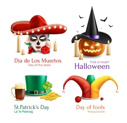 Masquerade hats 2x2  design concept with  day of the dead day of fools halloween saint patrick day square icons realistic vector illustration