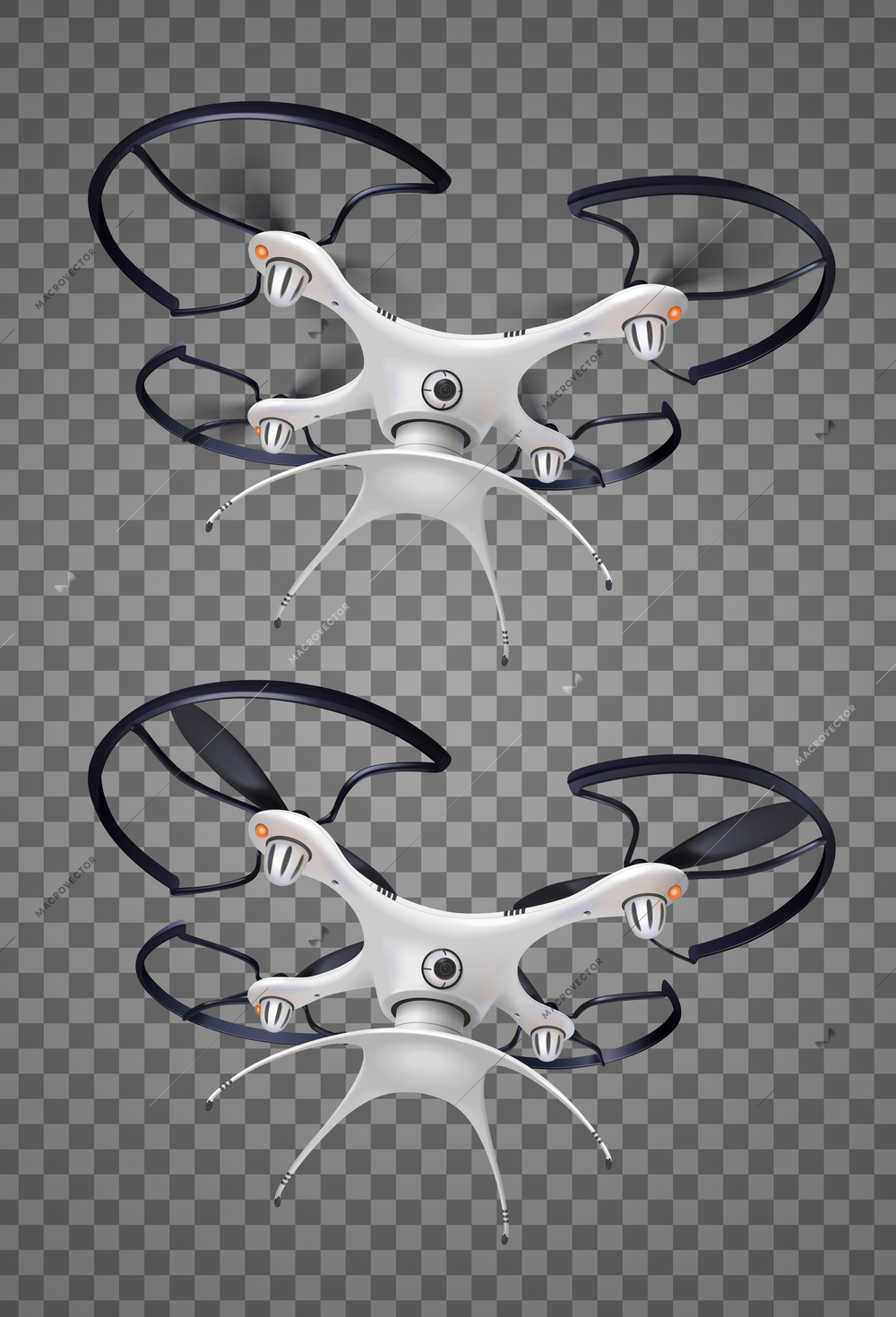 Two drone with camera realistic transparent icon set for different needs protection military logistic vector illustration