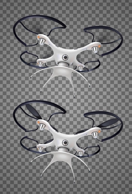 Two drone with camera realistic transparent icon set for different needs protection military logistic vector illustration