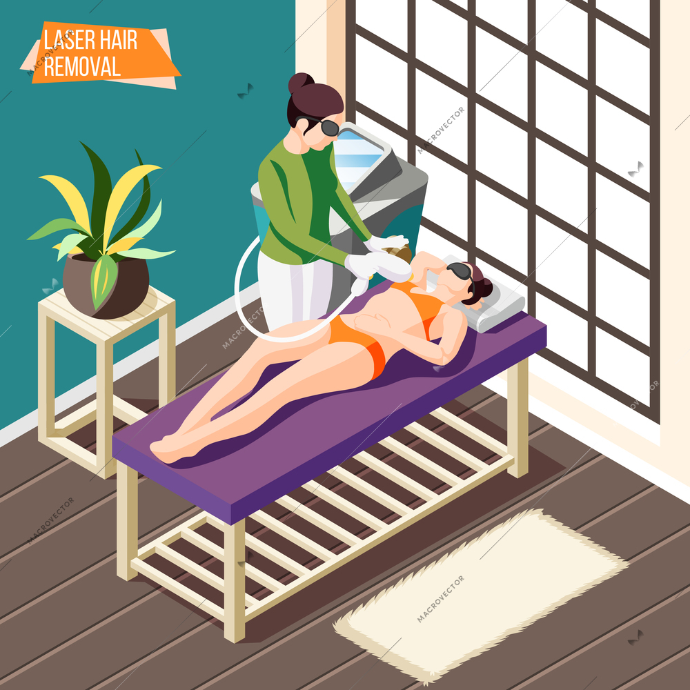 Woman doing laser hair removal procedure in beauty salon isometric background 3d vector illustration