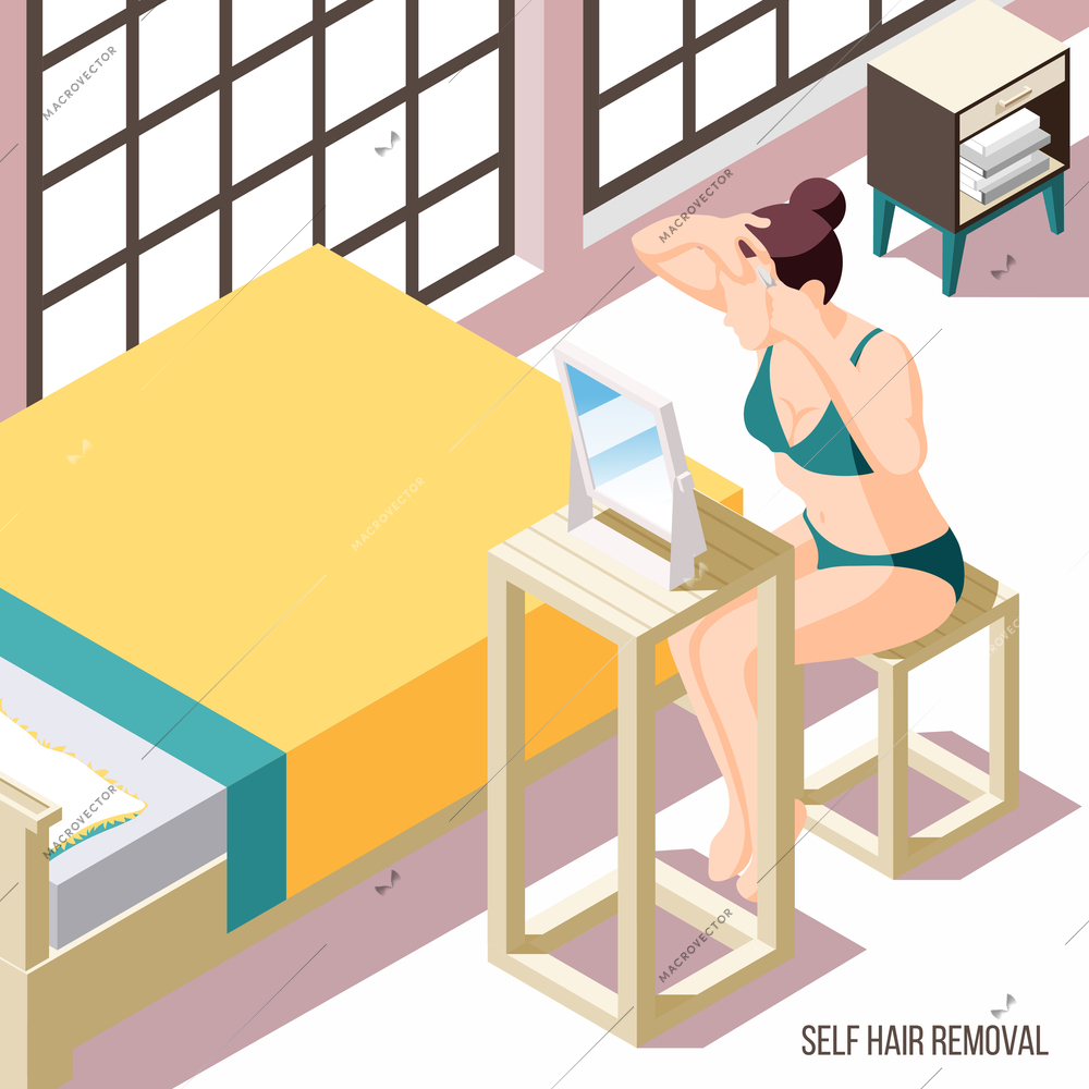 Hair removal background with woman plucking eyebrows in front of mirror 3d vector illustration