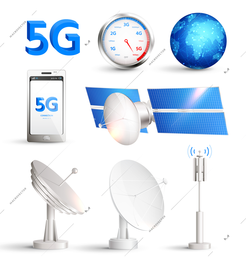 High speed mobile internet realistic set with satellites and smartphone with title 5g isolated vector illustration