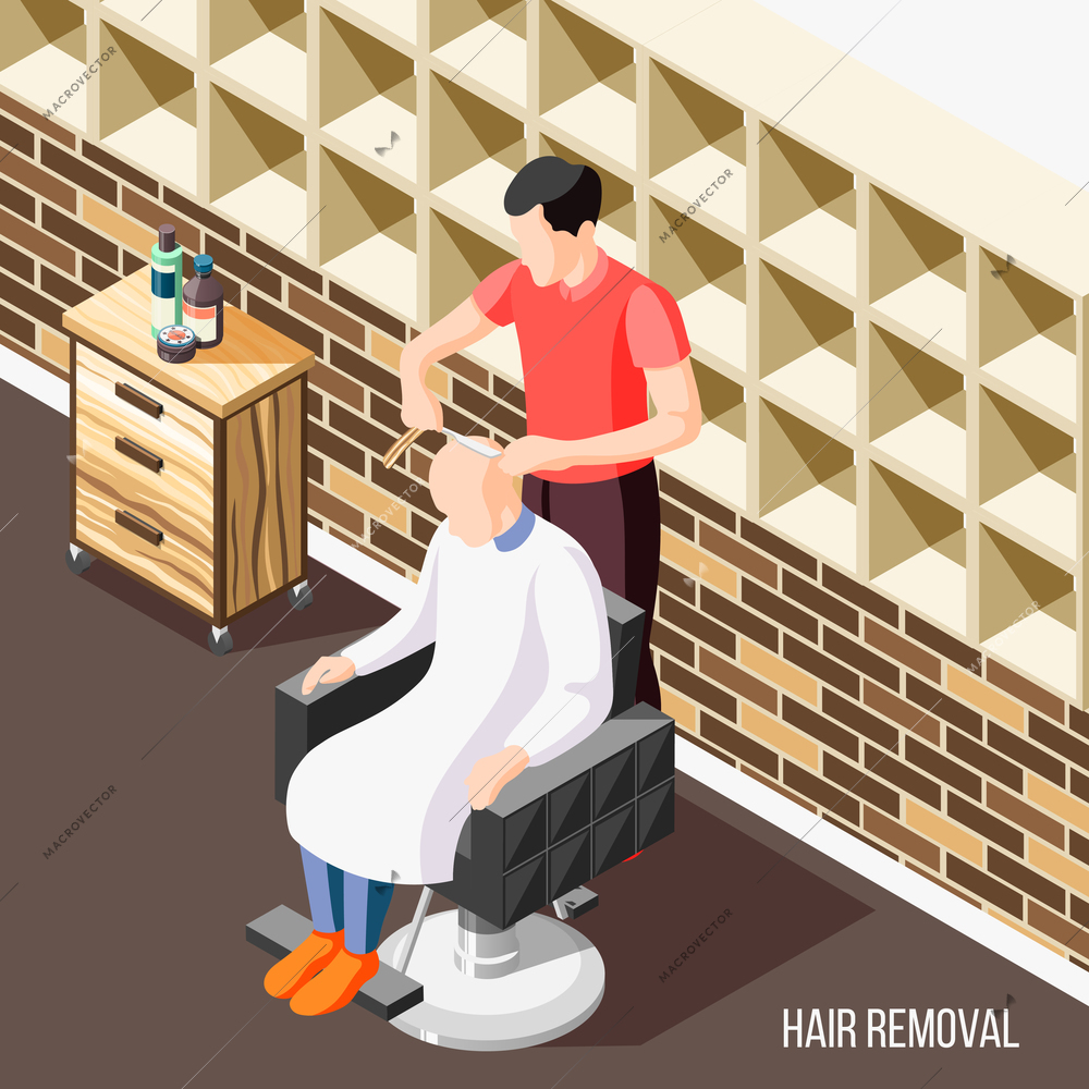 Hair removal isometric background with man having his head shaved in salon 3d vector illustration