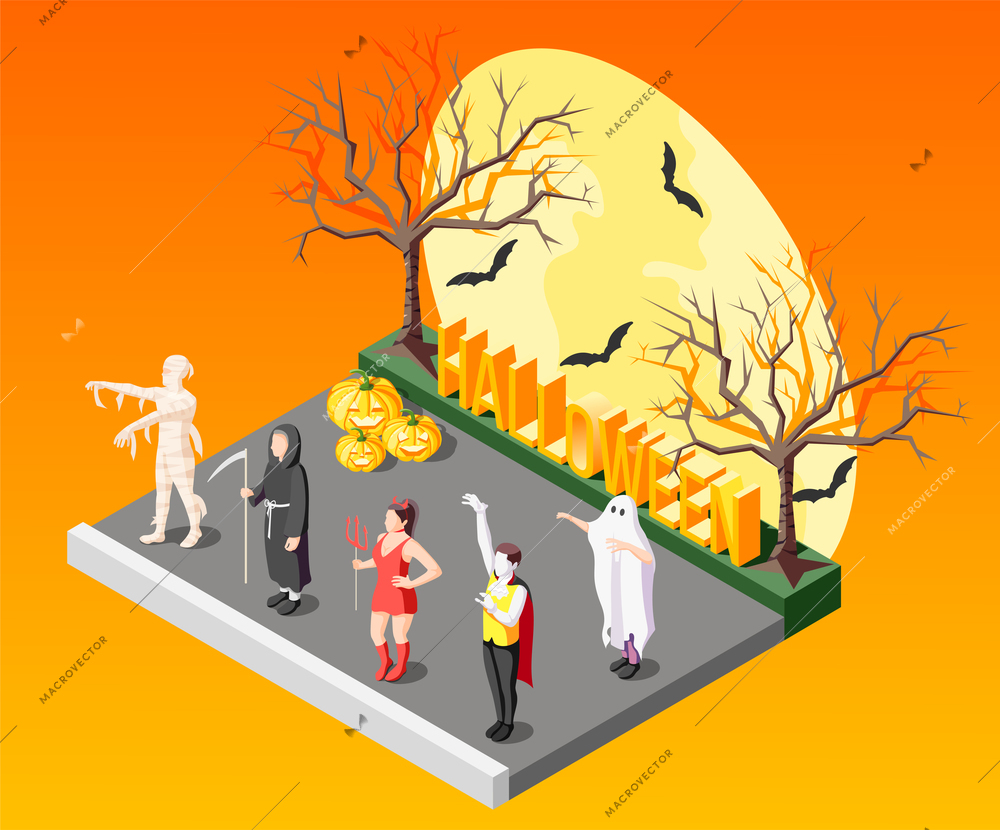 Halloween masquerade isometric composition with people in scary costumes on orange background with bats and bare trees 3d vector illustration