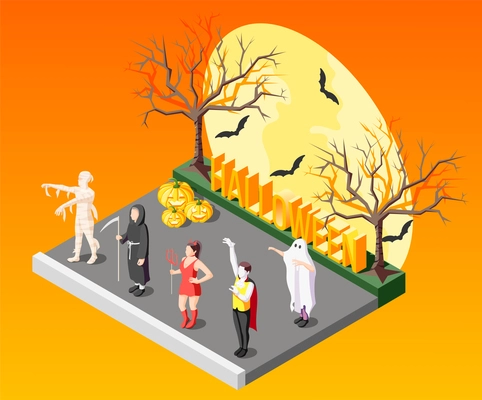 Halloween masquerade isometric composition with people in scary costumes on orange background with bats and bare trees 3d vector illustration