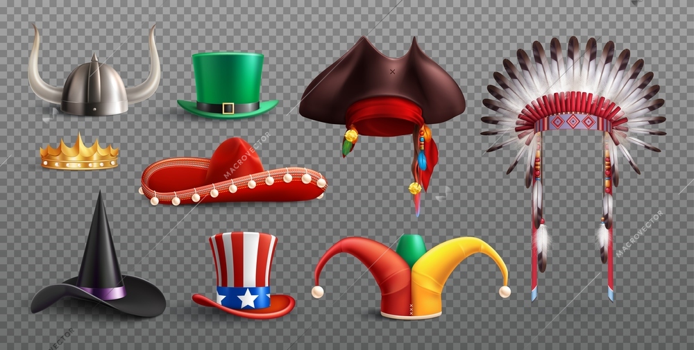 Masquerade hats set on transparent background with traditional national and holiday elements isolated vector illustration