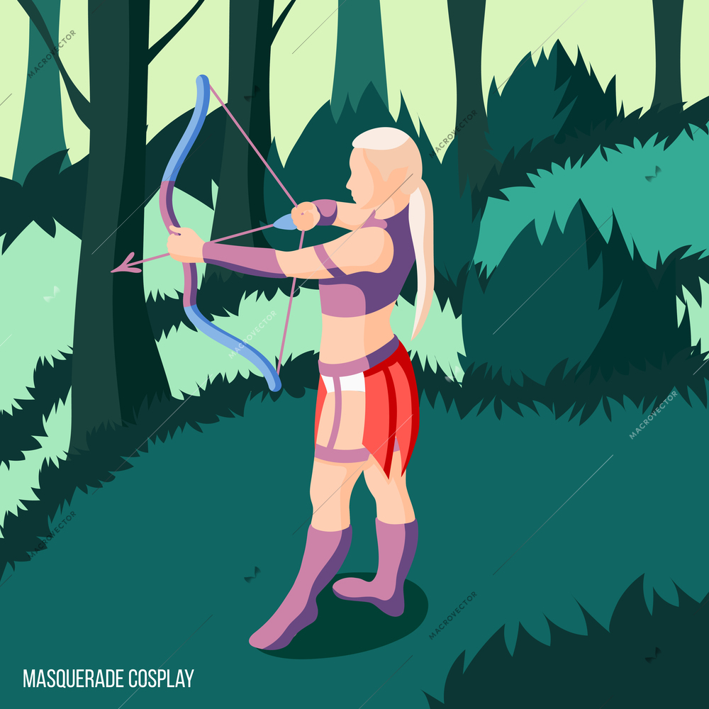 Girl wearing cosplay elf costume and doing archery in forest isometric background 3d vector illustration