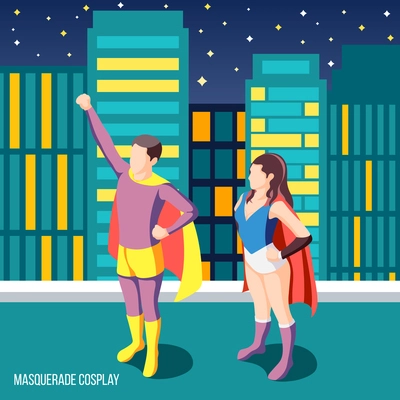 Colorful isometric background with two people wearing cosplay superhero costumes standing on house roof 3d vector illustration