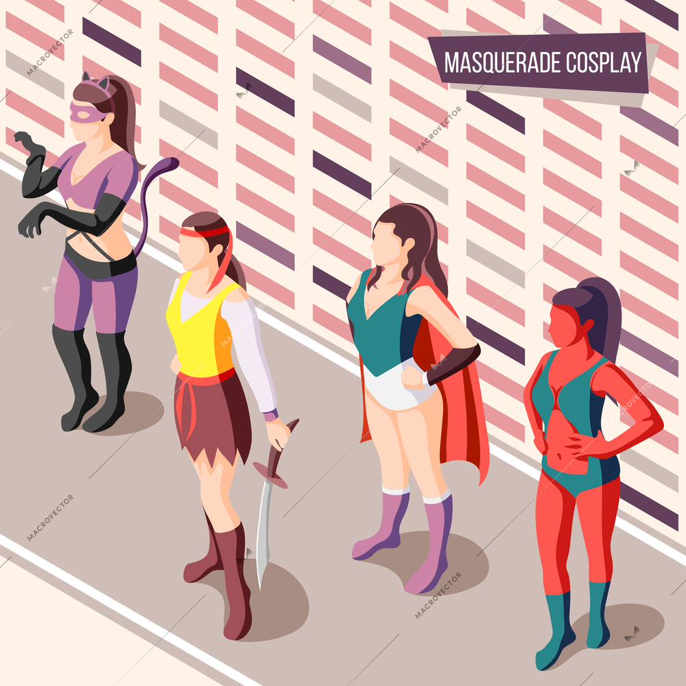 Masquerade isometric background with women wearing creative costumes 3d vector illustration