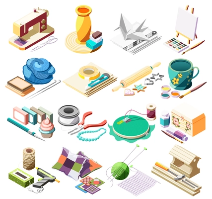 Hobby crafts isometric icons set with tools for sewing pottery painting cooking origami patchwork 3d isolated vector illustration