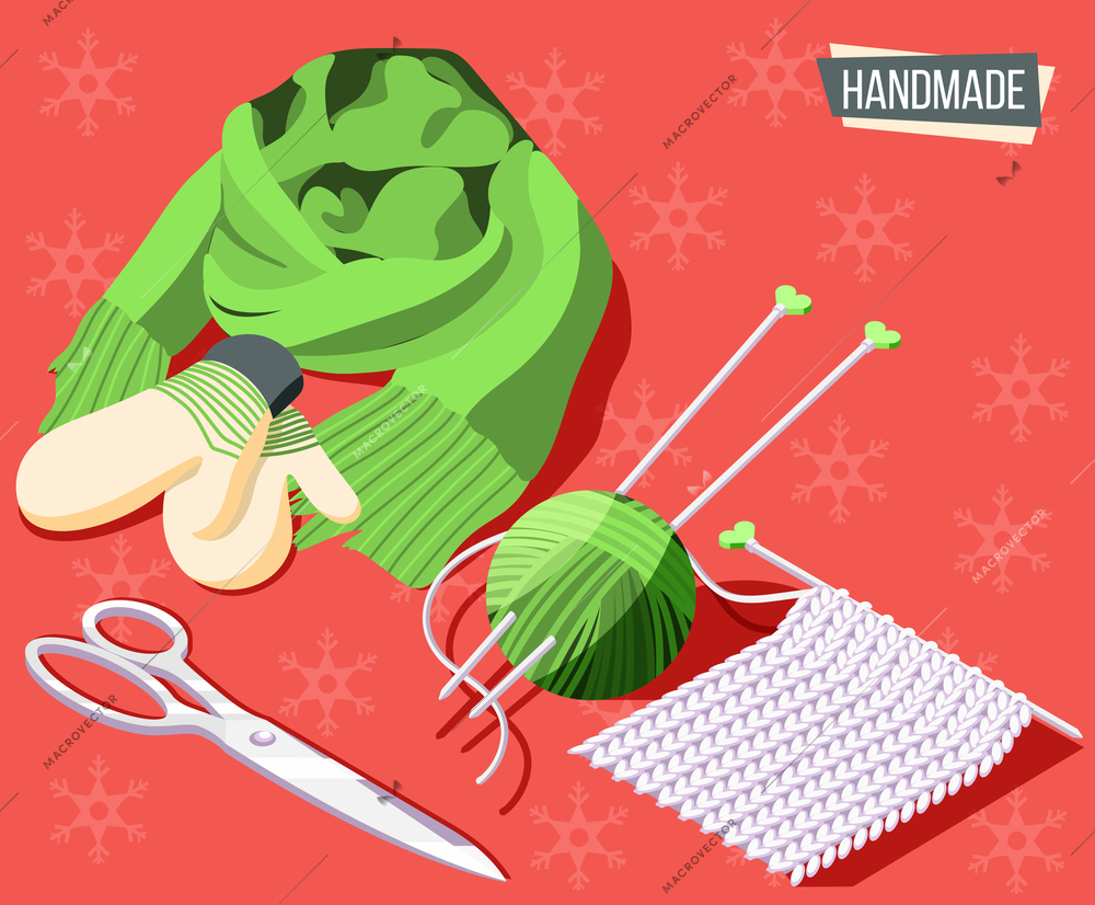 Hobby crafts isometric background with knitting tools and handmade scarf and mittens 3d vector illustration