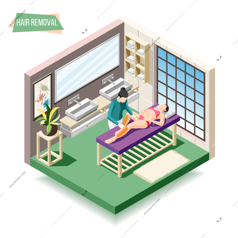 Hair removal isometric composition with woman doing sugaring in beauty salon 3d vector illustration