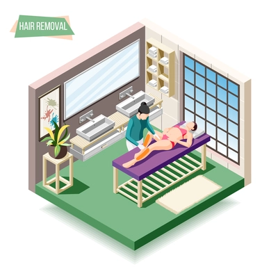 Hair removal isometric composition with woman doing sugaring in beauty salon 3d vector illustration