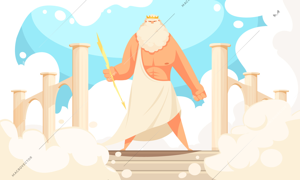 Greece ancient gods flat cartoon image of powerful mythological zeus prominent figure in pantheon background vector illustration