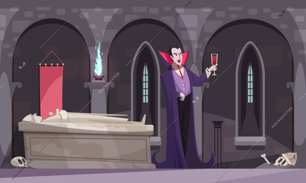 Vampire in purple cloak drinking blood from wineglass in burial vault with tomb skeletons flat vector illustration