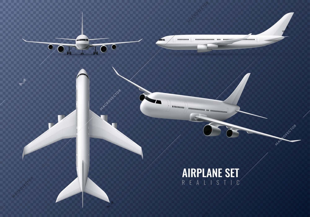 Passenger airplane realistic set on transparent background with airliners in different point of view isolated vector illustration