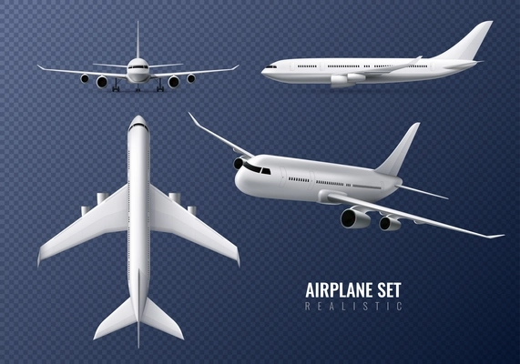 Passenger airplane realistic set on transparent background with airliners in different point of view isolated vector illustration