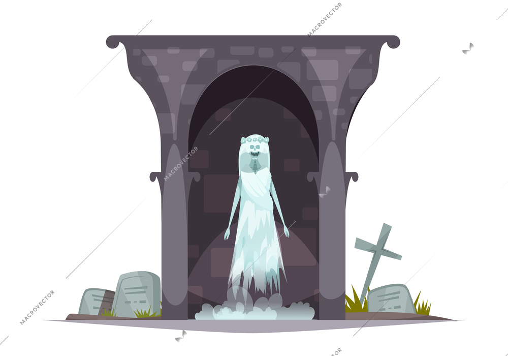 Evil graveyard specter cartoon character composition with scary ghost appearance in grim haunted cemetery tomb vector illustration