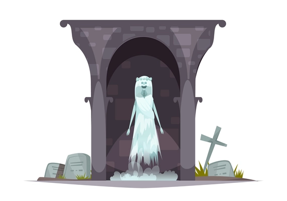 Evil graveyard specter cartoon character composition with scary ghost appearance in grim haunted cemetery tomb vector illustration