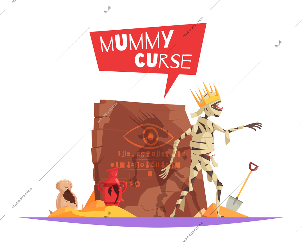 Curse of pharaohs evil character causing bad luck funny cartoon composition with disturbed mummy walking vector illustration