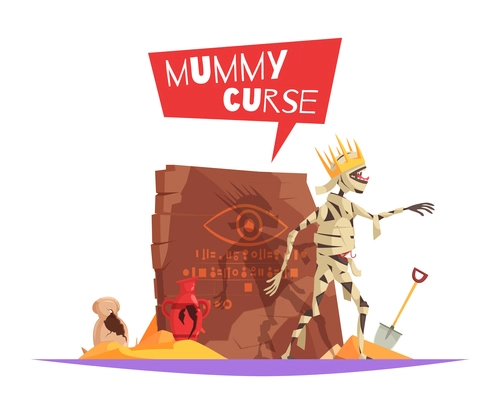 Curse of pharaohs evil character causing bad luck funny cartoon composition with disturbed mummy walking vector illustration