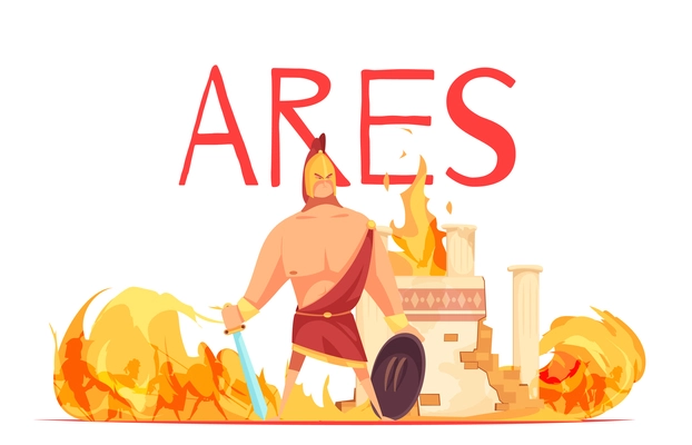 Ancient greece olympian god of war ares in helmet with sword amidst battle flat cartoon vector illustration