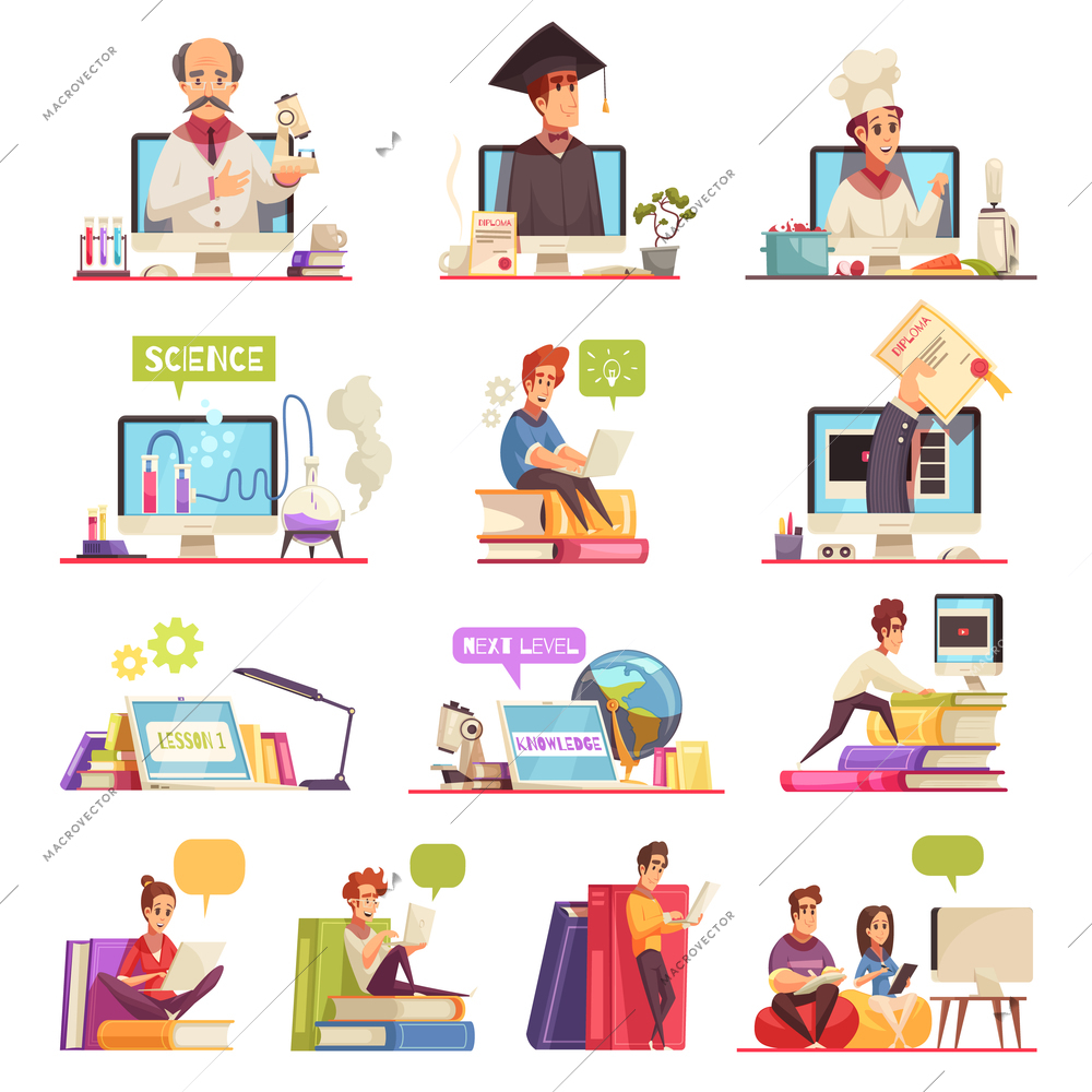 Online learning video training support official college university courses qualifications diploma 13 cartoon compositions set vector illustration