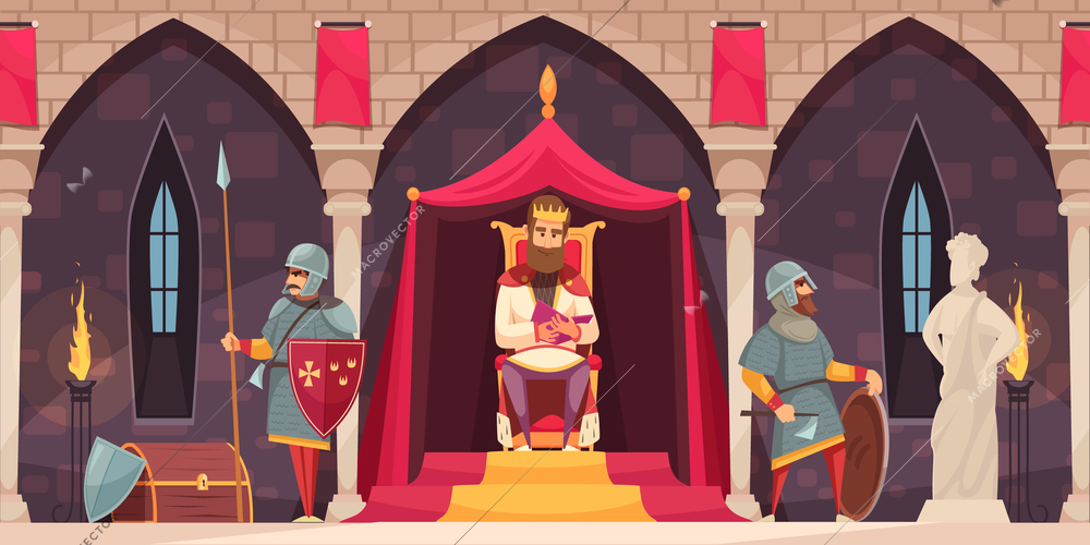 Medieval castle interior flat cartoon composition with king throne armed knight coat of arms guard vector illustration