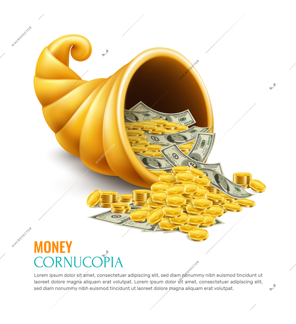 Money cornucopia as symbol of Generosity success luck wealth on business realistic design concept vector illustration