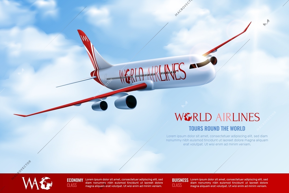 Tours around world advertising poster with traveling passenger airplane on cloudy blue sky background realistic vector illustration