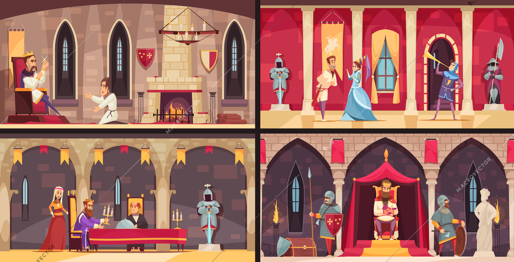 Castle interior concept 4 flat scenes set with king dining hall throne and ballrooms isolated vector illustration