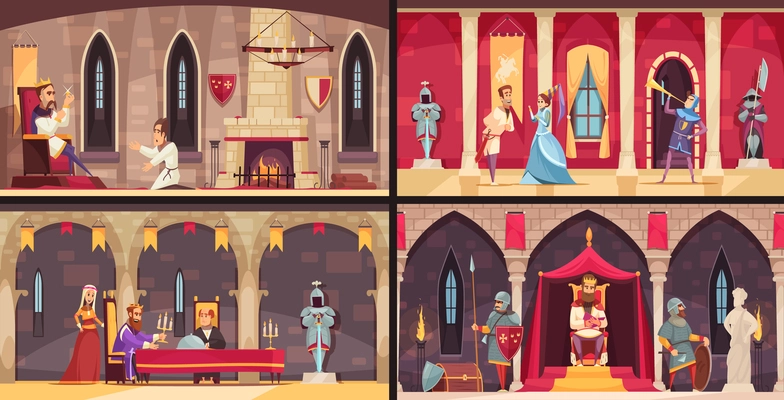 Castle interior concept 4 flat scenes set with king dining hall throne and ballrooms isolated vector illustration